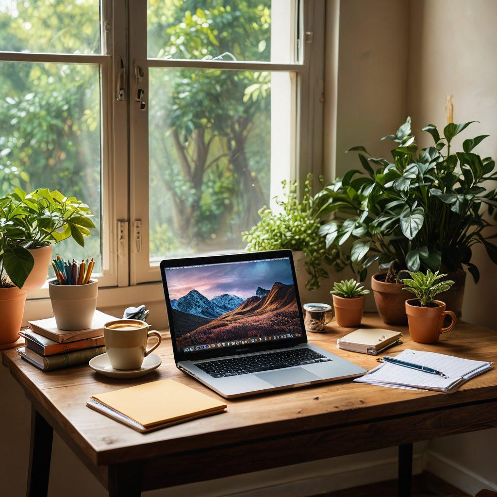 An inspiring workspace featuring a cozy desk with a laptop, open notebooks filled with ideas, colorful stationery scattered, a cup of coffee steaming, and a large window showcasing a sunlit garden outside. The scene should evoke creativity and personal expression, inviting viewers to imagine their own digital diary journey. super-realistic. warm colors. soft lighting.