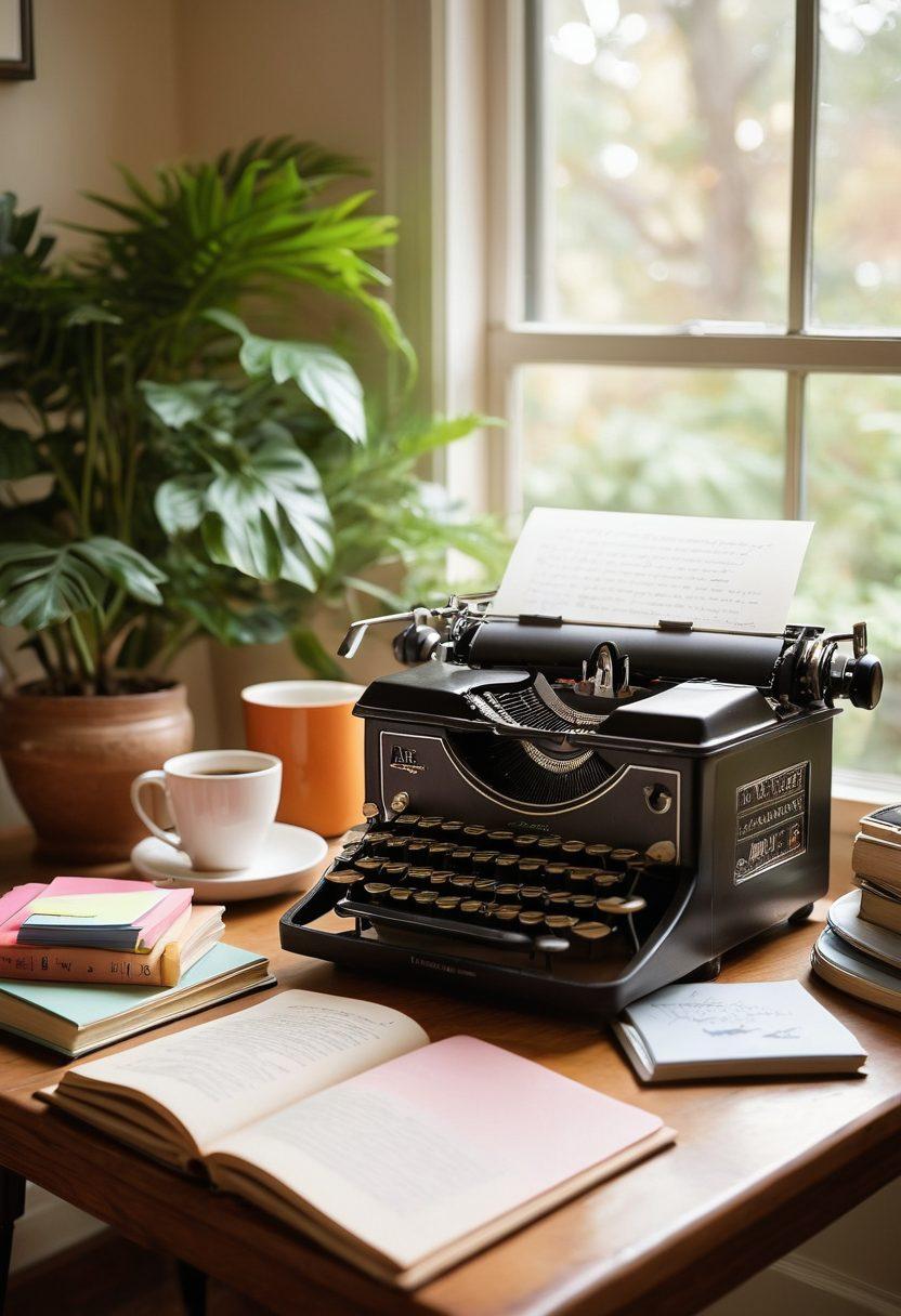 A cozy writing nook with a vintage typewriter, scattered notebooks, and colorful sticky notes. A steaming cup of coffee sits next to a glowing laptop, illuminating scattered books about writing. Natural light filters through a window with plants framing the scene. Energetic and inviting ambience to inspire creativity. warm colors. soft focus. cozy atmosphere.